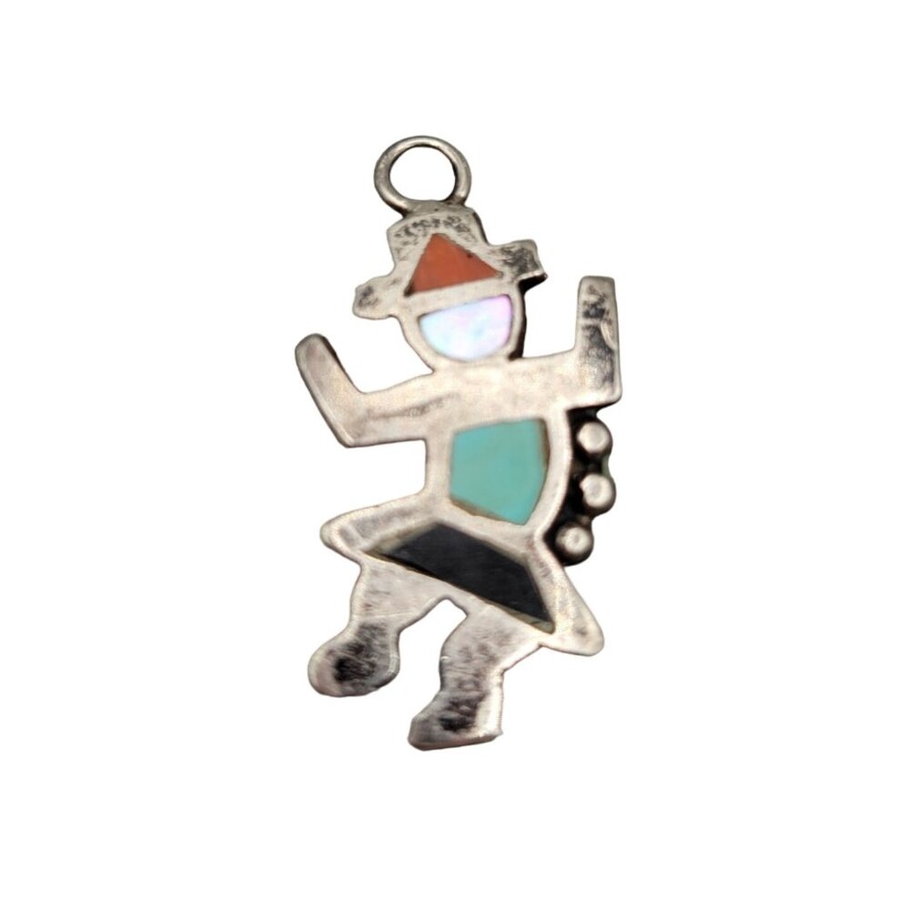 Vintage Zuni Dancing Kachina Sterling Inlay Charm Turquoise Coral MOP Onyx